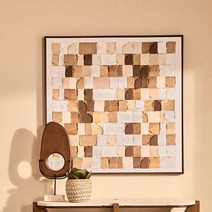 Wooden console table with decorative items against a beige wall with a mosaic art piece.