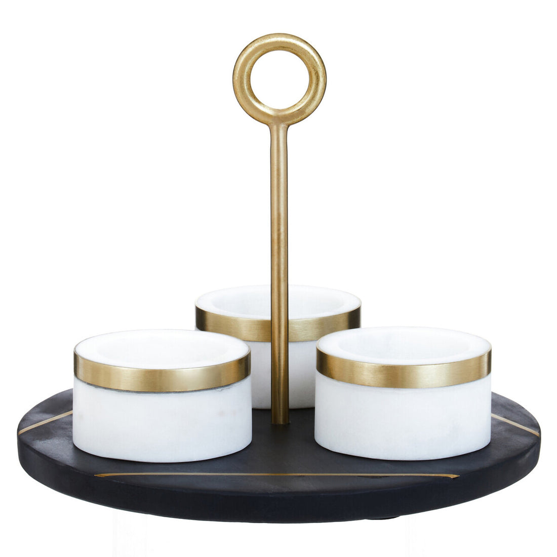 Three-tiered stand with marble containers and gold accents on a white background