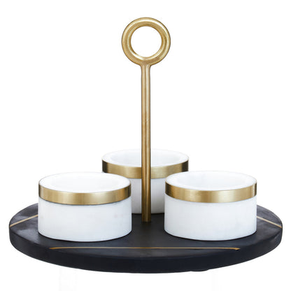 Three-tiered stand with marble containers and gold accents on a white background