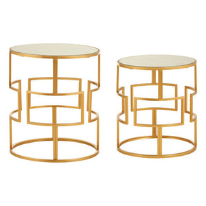 Avantis Gold Finish Set of 2 Round Side Tables with Maze Design