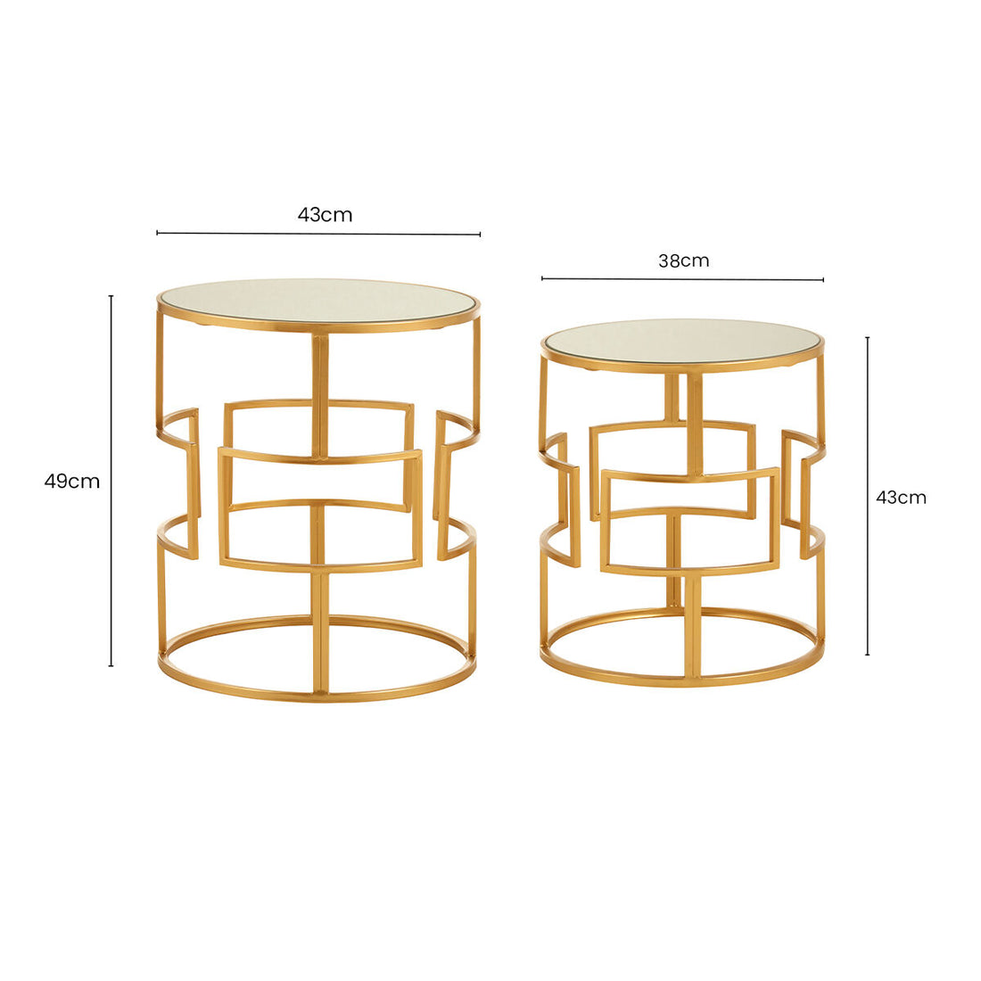 Set of 2 Glass Round Top Side Tables with Gold Metal Rectangular Sections Frame, Avantis
