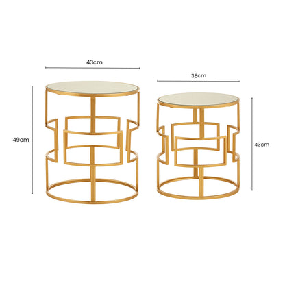 Set of 2 Glass Round Top Side Tables with Gold Metal Rectangular Sections Frame, Avantis