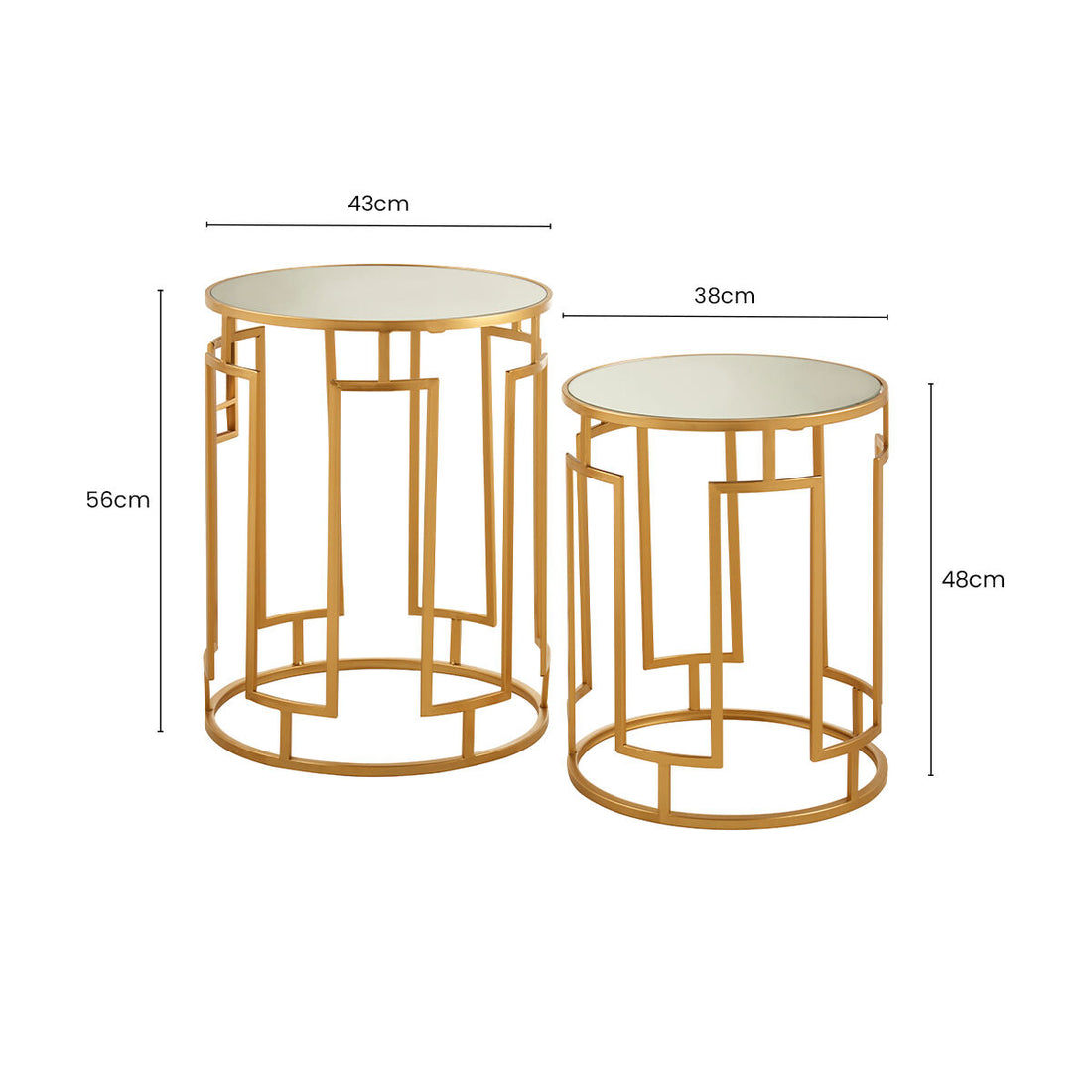 Set of 2 Gold Mirrored Top Round Side Tables with Gold Metal Frame, Avantis