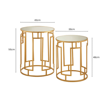 Set of 2 Gold Mirrored Top Round Side Tables with Gold Metal Frame, Avantis