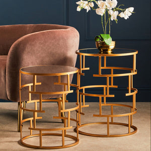 Avantis Gold Finish Set of 2 Round Side Tables with Key Design