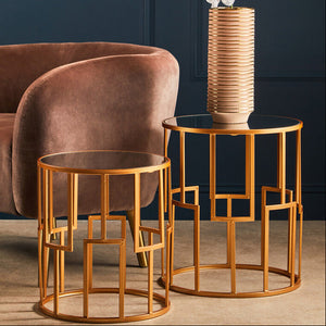 Avantis Gold Finish Set of 2 Round Side Tables with Art Deco Design