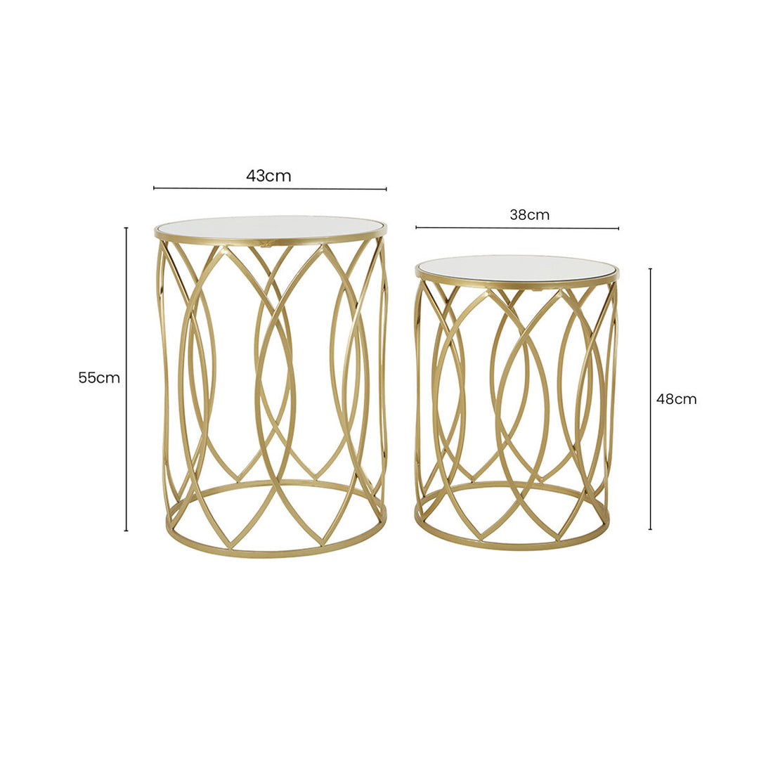 Set of 2 Mirrored Glass Top and Gold Champagne Finish Metal Frame Side Tables, Avantis