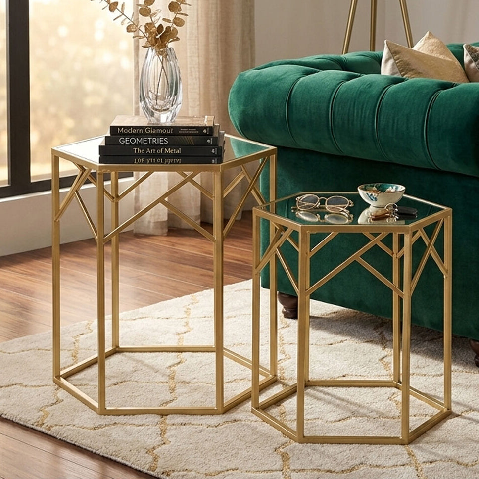 Set of 2 Gold Hexagonal Frame Side Tables with Mirrored Glass Top | Avantis