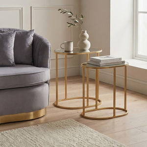Set of 2 Mirrored Glass Oval Top Side Tables with Gold Finish Metal Frame, Avantis