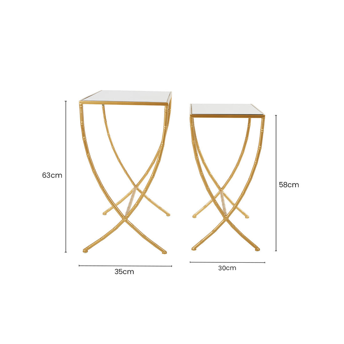Set of 2 Mirrored Glass Top Rectangular Side Tables with Gold Metal Frame, Avantis