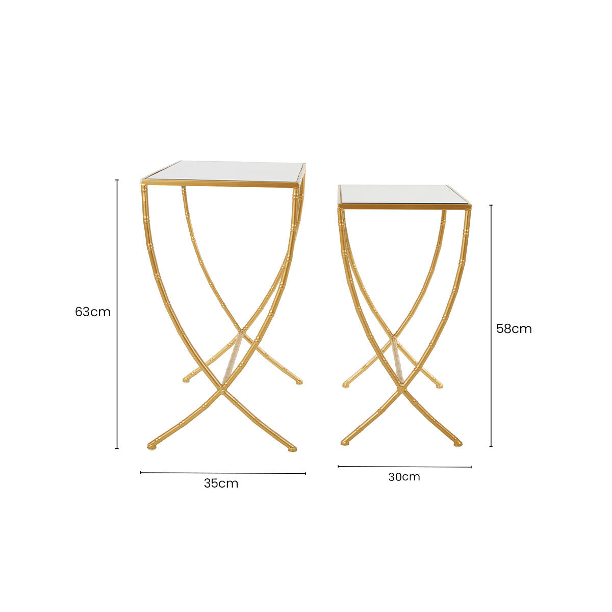 Set of 2 Mirrored Glass Top Rectangular Side Tables with Gold Metal Frame, Avantis