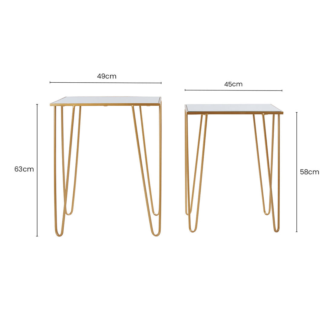 Set of 2 Mirrored Glass Top Rectangular Side Tables with Gold Metal Hairpin Legs, Avantis