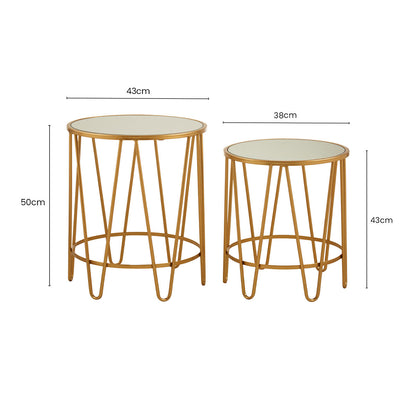 Set of 2 Mirrored Glass Top Side Tables with Gold Hairpin Legs Rounded Design, Avantis
