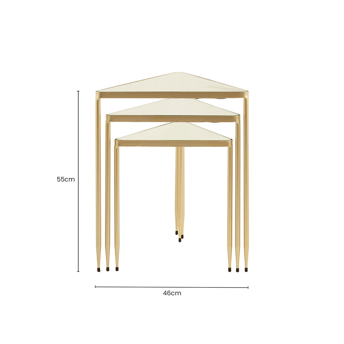 Set of 3 Mirrored Glass Top Triangle Nesting Tables with Gold Champagne Metal Frame, Avantis