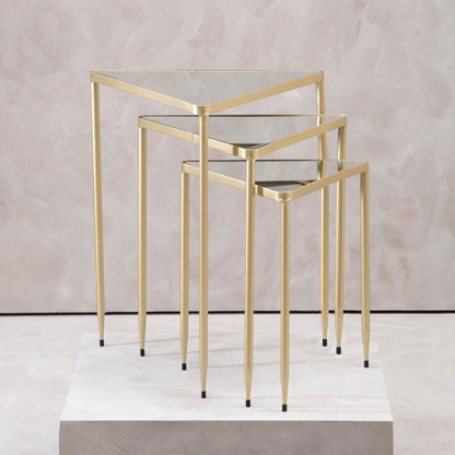 Set of 3 Mirrored Glass Top Triangle Nesting Tables with Gold Champagne Metal Frame, Avantis