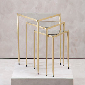 Set of 3 Mirrored Glass Top Triangle Nesting Tables with Gold Champagne Metal Frame, Avantis