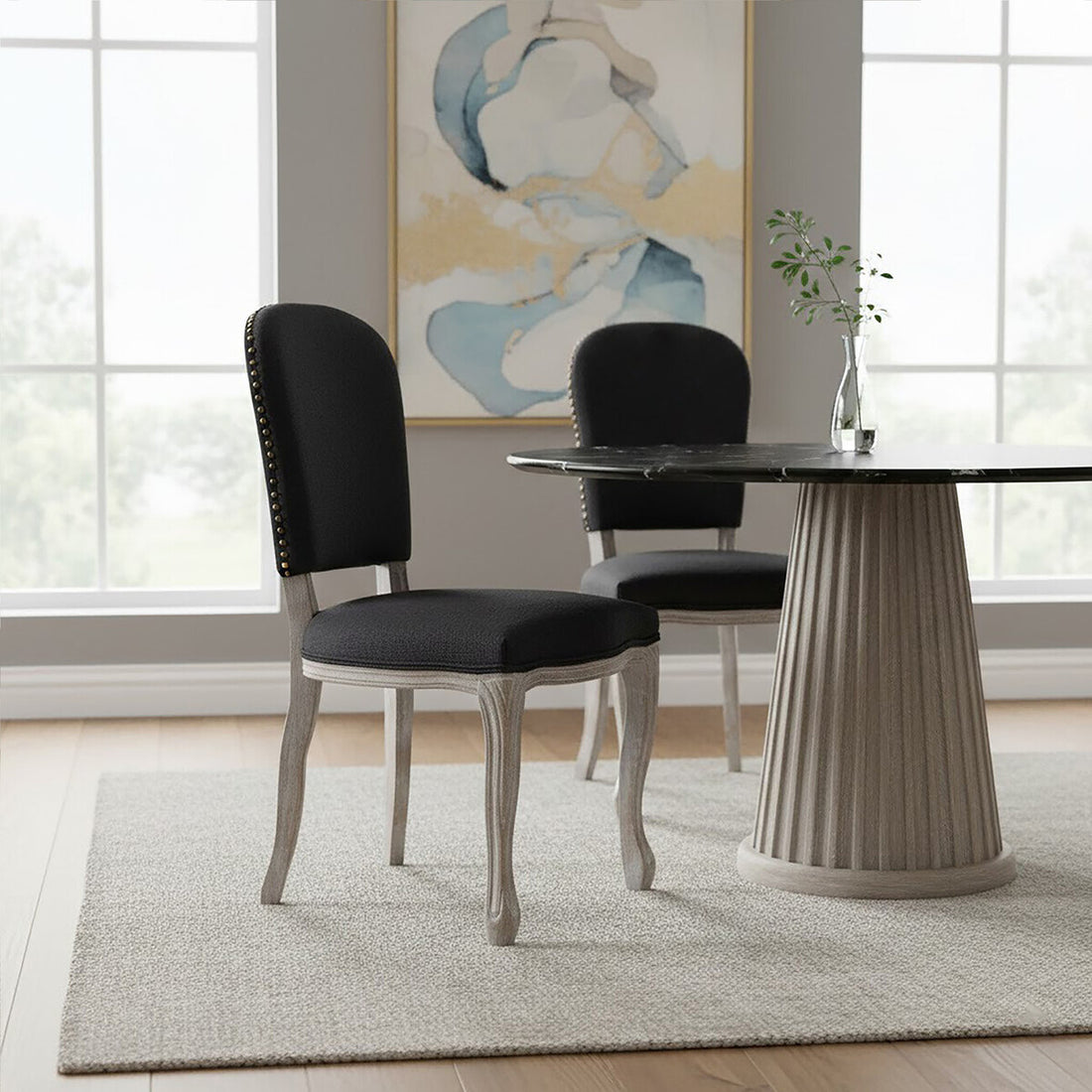 Kensington Townhouse Black Linen Dining Chair with Antique wood legs