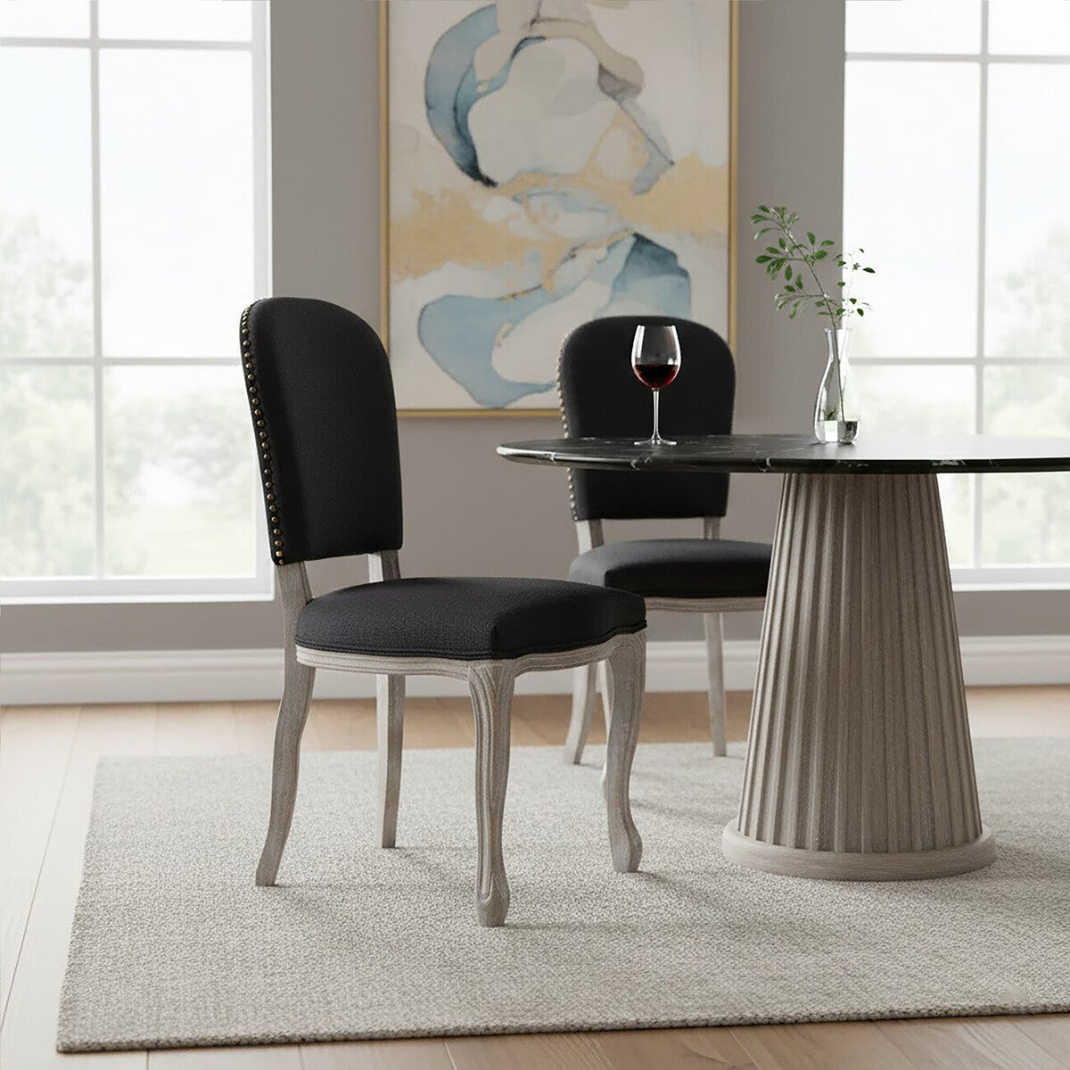 Black Linen Dining Chair with Antique Wood Legs | Kensington Townhouse
