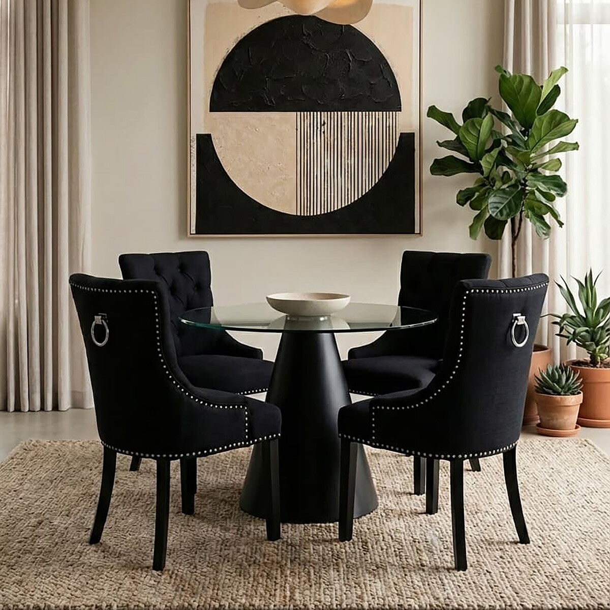Kensington Townhouse Black Linen Studded Dining Chair