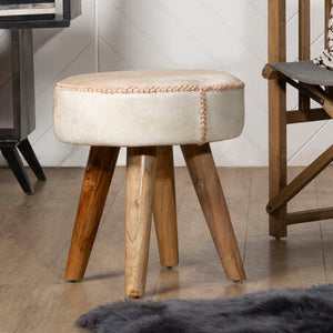 Kendari Natural Hair on Leather and Teak Wood Round Stool