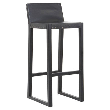 Kendari Black Cow Leather And Teak Wood Stool