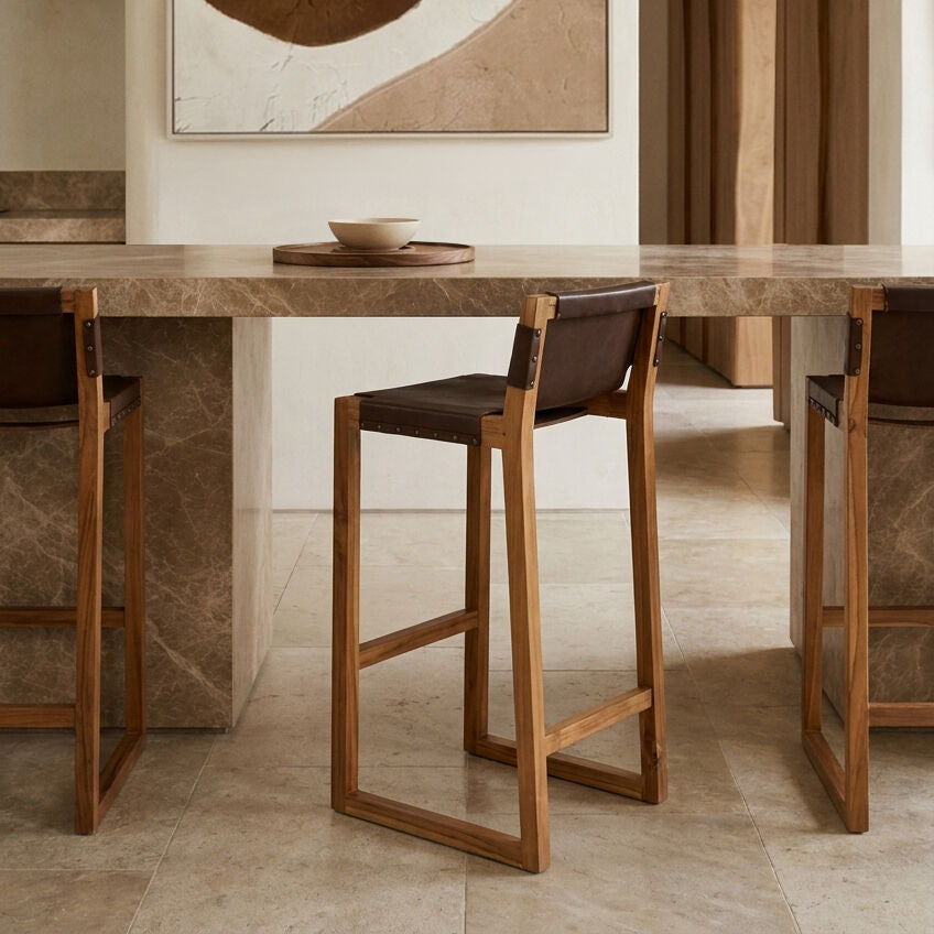 Kendari Brown Leather Bar Chair with Teak Wood Frame
