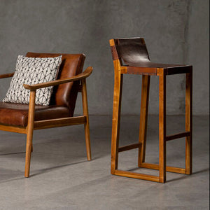 Kendari Brown Leather and Teak Wood Bar Chair