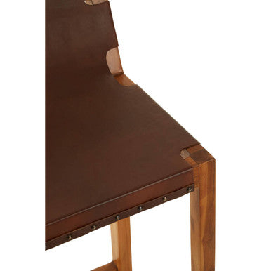 Kendari Brown Leather Bar Chair with Teak Wood Frame - Image 7