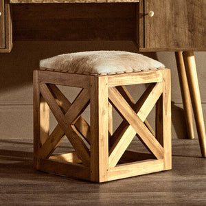 Kendari Natural Hair on Leather and Teak Wood Square Stool