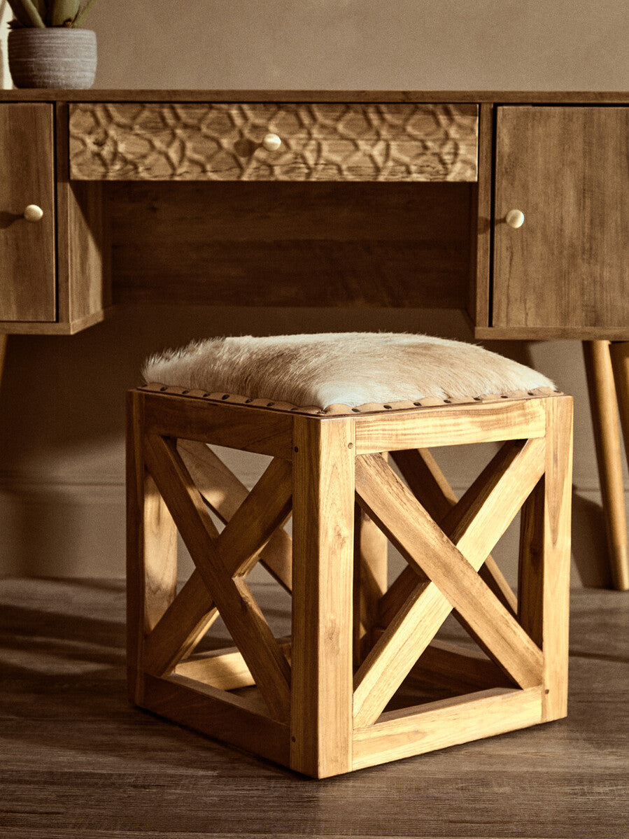 Kendari Hair on Leather and Teak Wood Square Stool