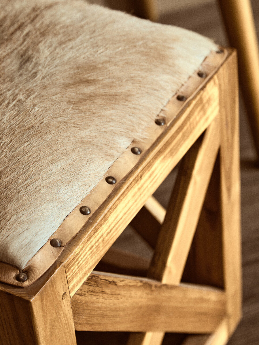 Kendari Hair on Leather and Teak Wood Square Stool - Image 5