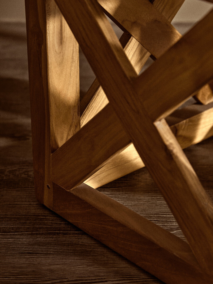 Kendari Hair on Leather and Teak Wood Square Stool