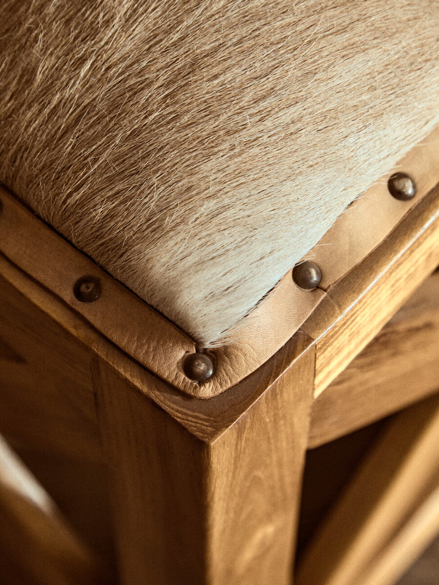 Kendari Hair on Leather and Teak Wood Square Stool