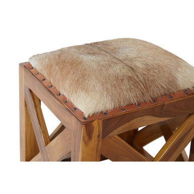 Kendari Hair on Leather and Teak Wood Square Stool - Image 10
