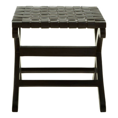 Kendari Black Leather Wood Stool