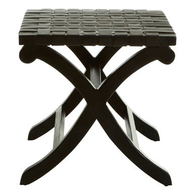Kendari Black Leather Wood Stool