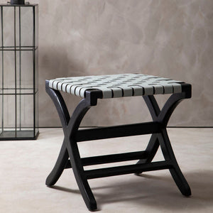 Kendari Grey Woven Leather and Black Teak Wood Stool