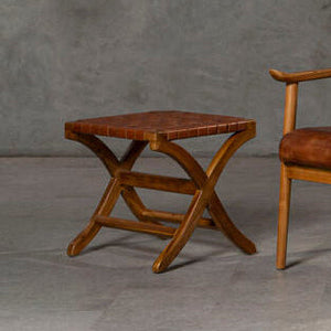 Kendari Brown Woven Leather and Teak Wood Stool