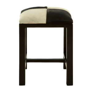 Kendari Black and White Leather and Teak Wood Stool