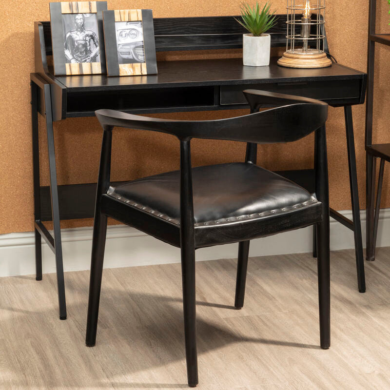 Kendari Black Leather and Teak Wood Chair