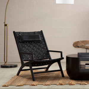 Kendari Black Woven Leather and Teak Wood Chair with Headrest