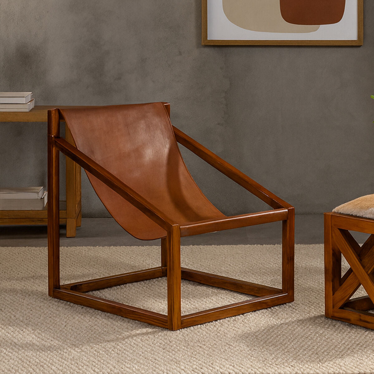 Kendari Brown Leather and Teak Wood Sling Chair