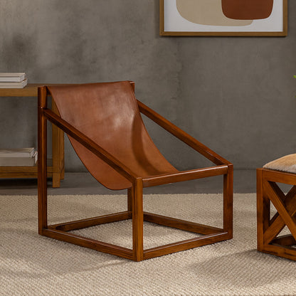 Kendari Brown Leather and Teak Wood Sling Chair