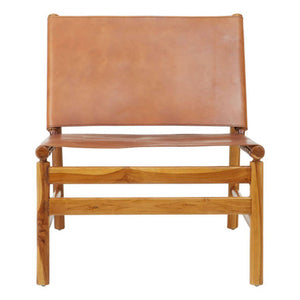 Kendari Brown Leather and Teak Wood Modern Sling Chair