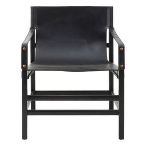Kendari Black Leather and Teak Wood Frame Armchair