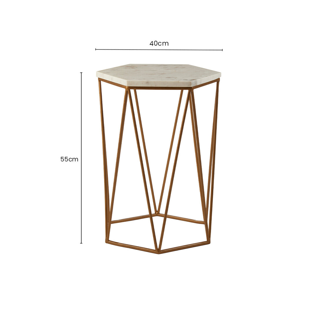 White Solid Marble Top Hexagonal Side Table with Gold Finish Metallic Frame, Shalimar
