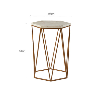 White Solid Marble Top Hexagonal Side Table with Gold Finish Metallic Frame | Shalimar