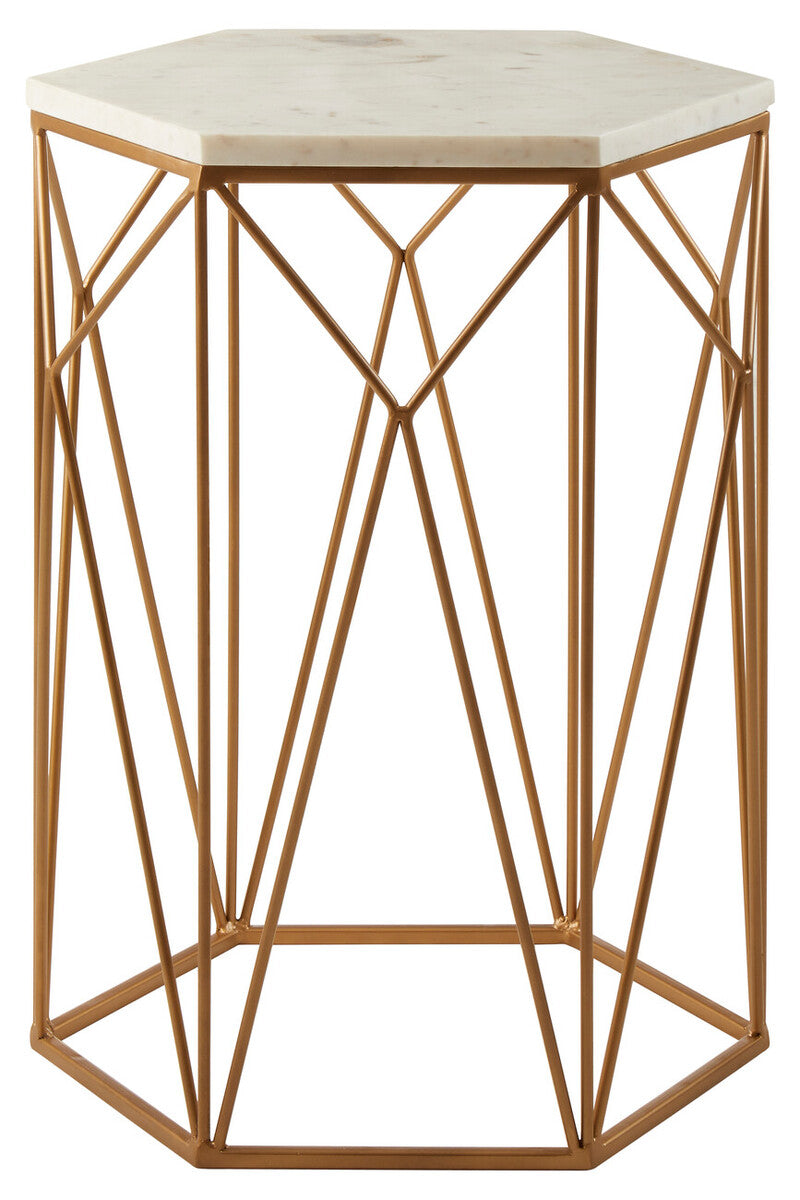 White Marble Top Side Table with Geometric Open Frame Gold Metallic Base, Shalimar