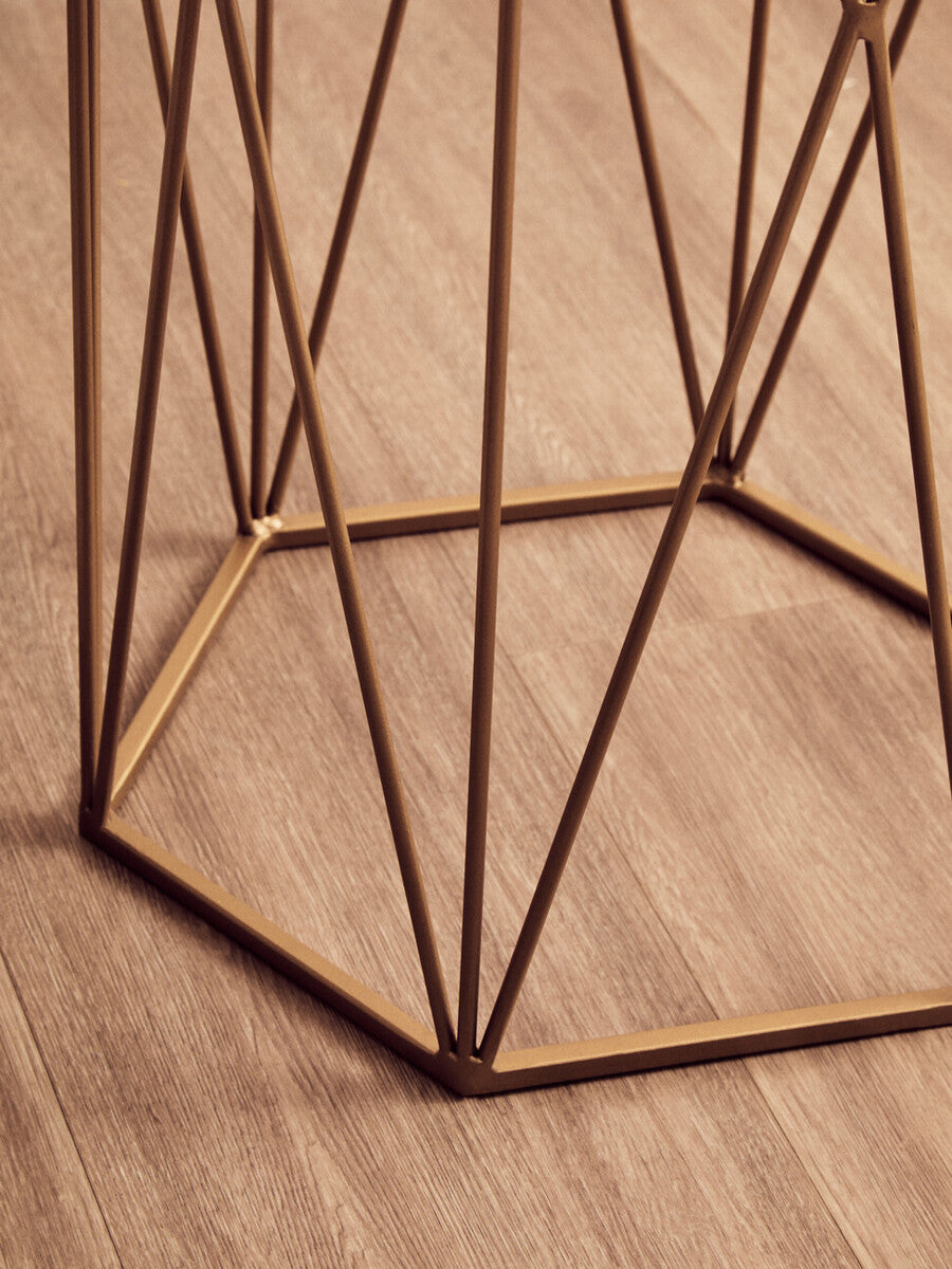 White Marble Top Side Table with Geometric Open Frame Gold Metallic Base, Shalimar