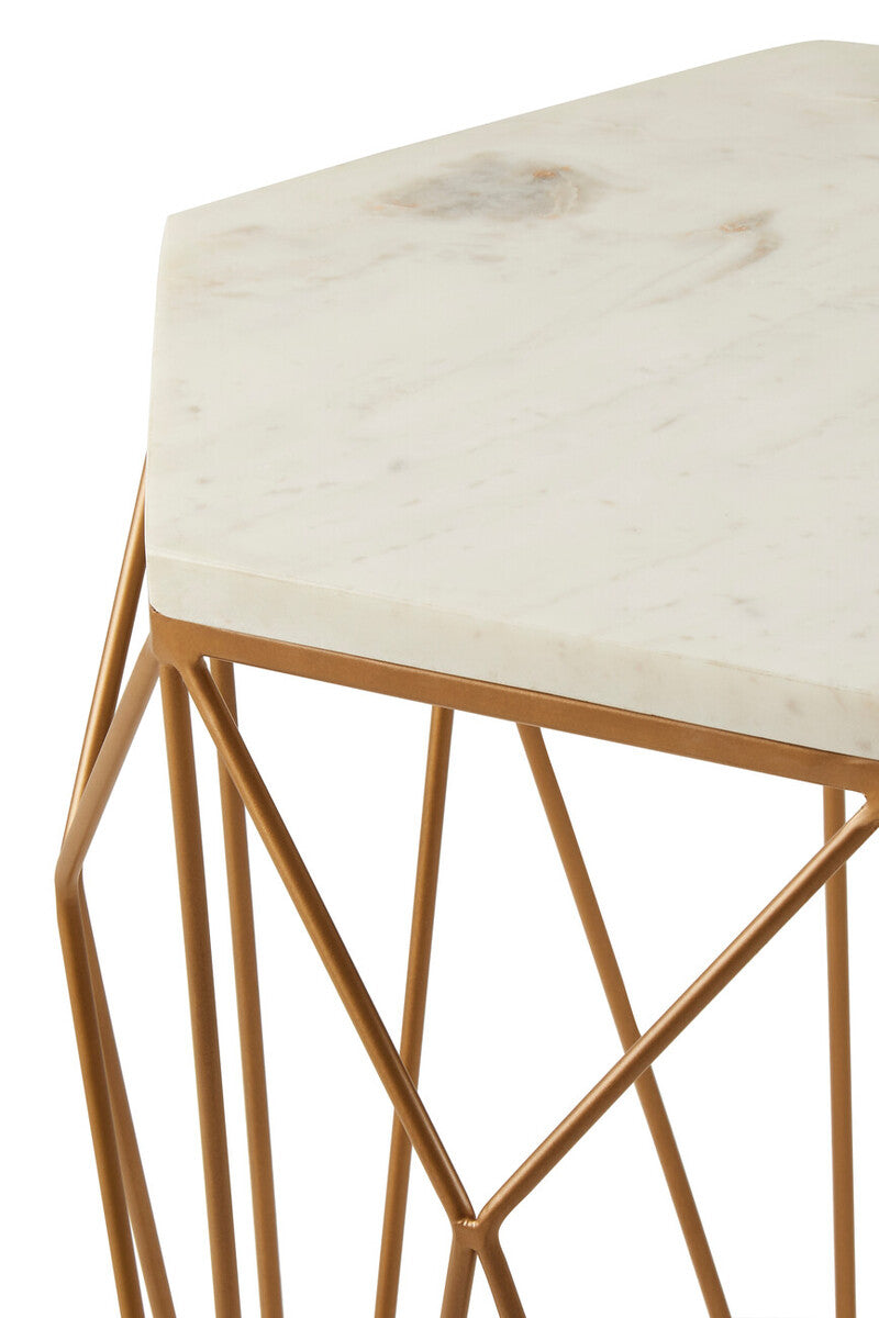 White Marble Top Side Table with Geometric Open Frame Gold Metallic Base, Shalimar
